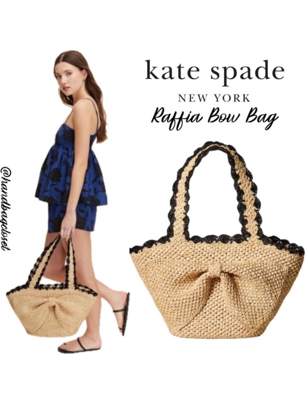Kate Spade X Target Raffia Straw Beige and Black Bow Tote Bag
